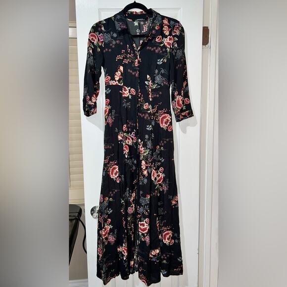 Zara Black Boho Printed Floral Dress Maxi Long Women’s Extra Small Rare Unique - Picture 2 of 10